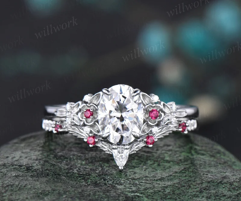 Vintage oval cut moissanite engagement ring 14k white gold twig leaf floral unique ruby diamond promise bridal wedding ring set women gift