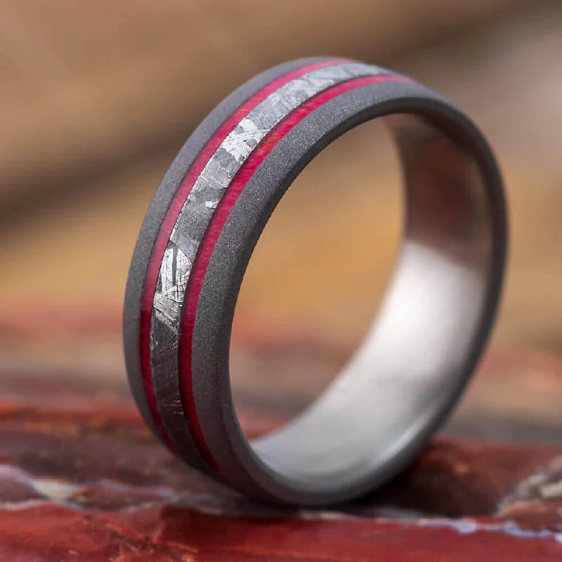 Men's Wedding Band with Meteorite and Red Box Elder Burl Wood