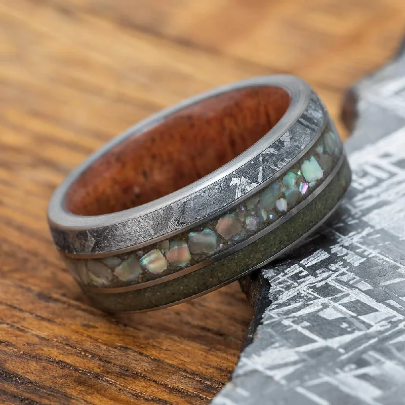 Abalone Wedding Band with Meteorite and Dinosaur Bone