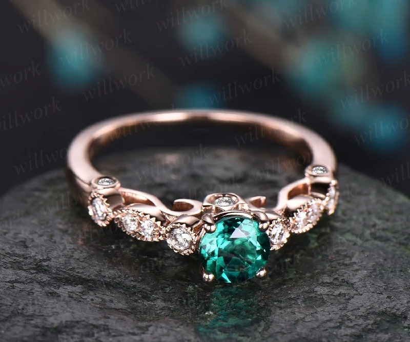 Rose gold ring 5mm green emerald ring vintage emerald engagement ring 14k rose gold diamond ring unique design antique may birthstone ring