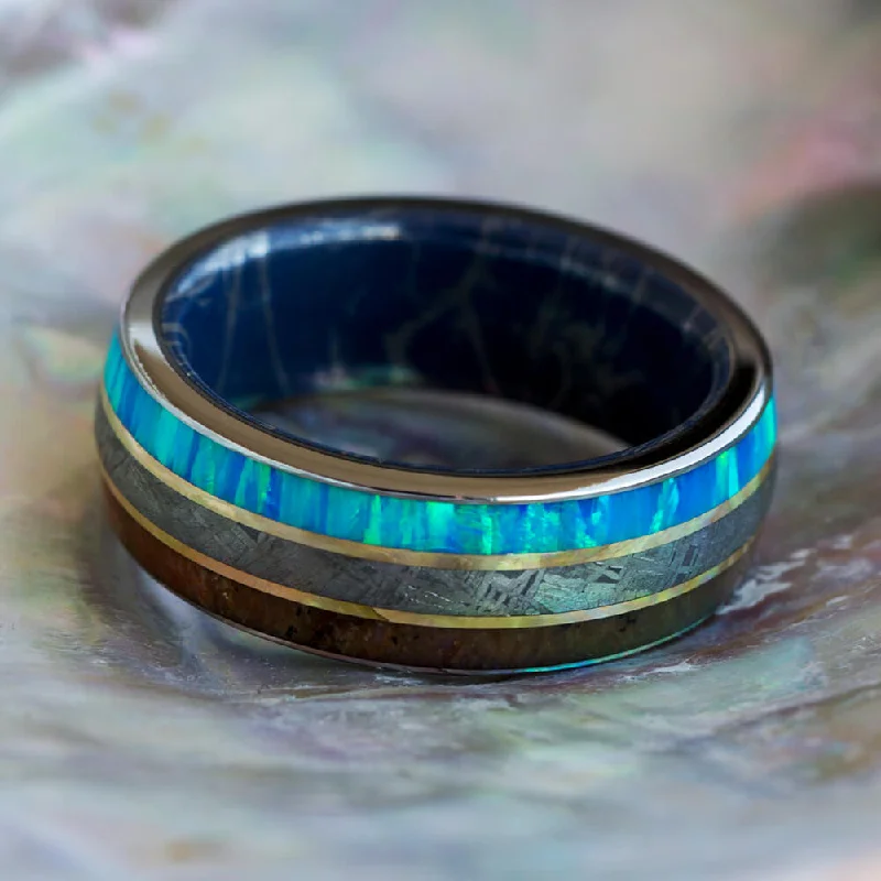 Meteorite & Fossil Ring With Mokume Sleeve And Gold Pinstripes