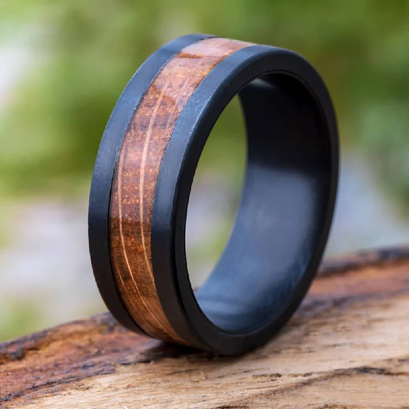 Black Zirconium Wedding Band with Whiskey Barrel Oak Wood