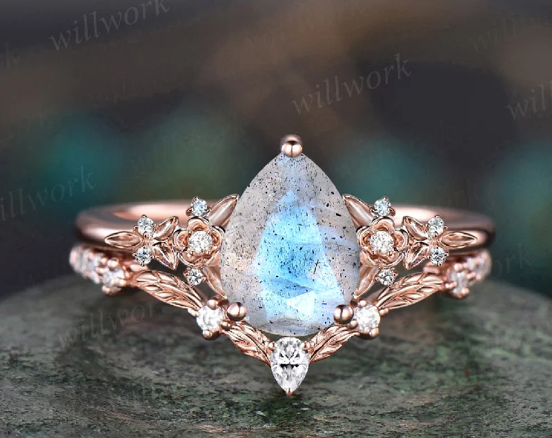 Vintage pear blue labradorite engagement ring rose gold twig leaf floral antique unique cluster moissanite bridal wedding ring set natural inspired ring