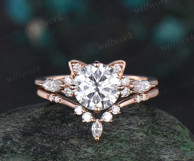 Round cut moissanite ring rose gold vintage unique cat engagement ring stacking diamond wedding promise ring set women