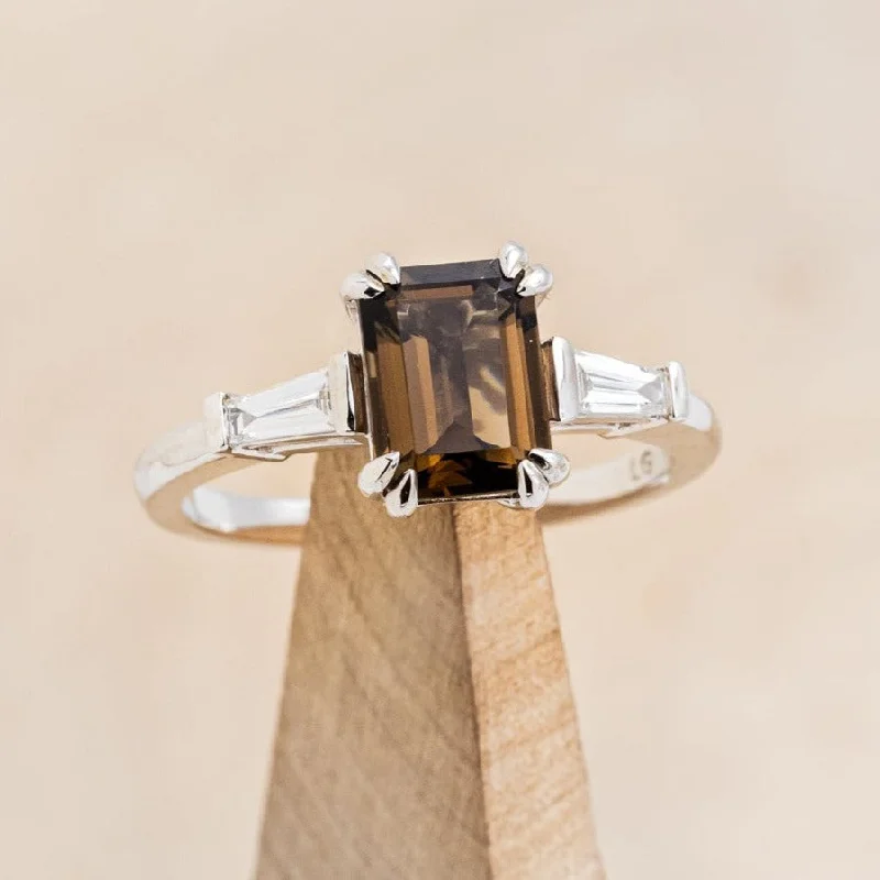 "ALBINA" - EMERALD CUT SMOKY QUARTZ DOUBLE CLAW PRONG ENGAGEMENT RING WITH LAB-GROWN DIAMOND ACCENTS