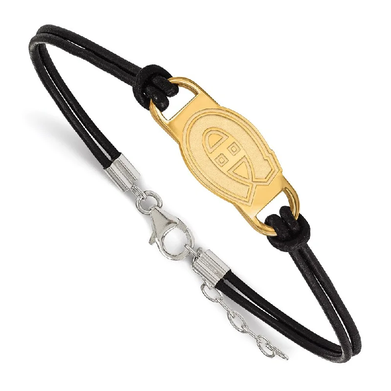 SS 14k Yellow Gold Plated & Leather NHL Canadiens Adj. Bracelet