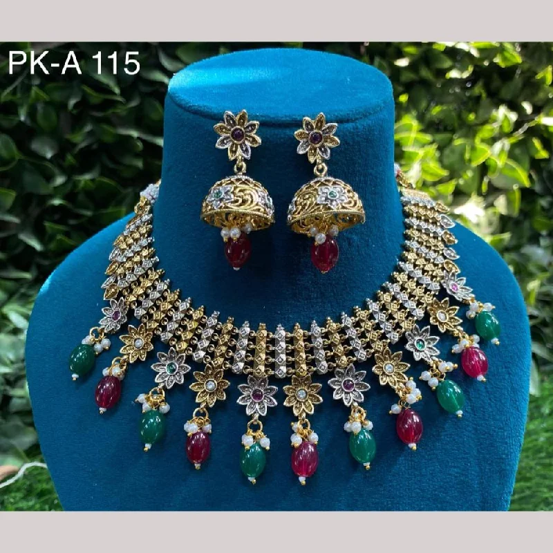 Amoliya Jewels 2 Tone Plated Pota Stone And Pearls Choker Necklace Set