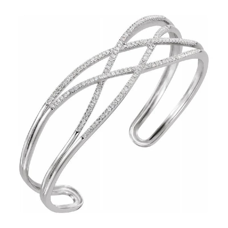 14K White Gold 3/4 CTW Diamond 16mm Crisscross Cuff Bracelet, 7 Inch