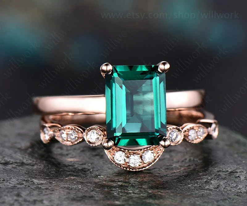 Green Emerald engagement ring set 14k Rose gold-emerald ring gold handmade Diamond ring May birthstone ring 2pcs emerald matching bridal set