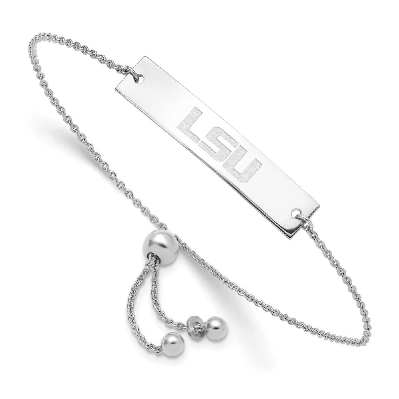 Sterling Silver Rhodium Plated LSU Small Bar Adj Bracelet 9 Inch