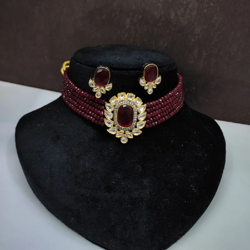 FS Collection Gold Plated Kundan Stone And Beads Choker Necklace Set