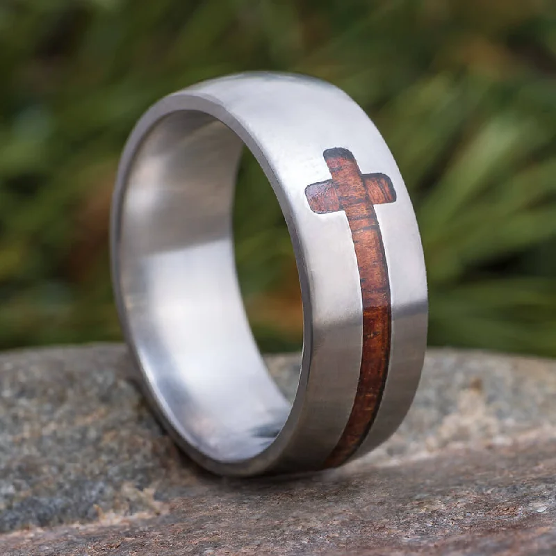 Koa Wood Cross Ring In Titanium Band