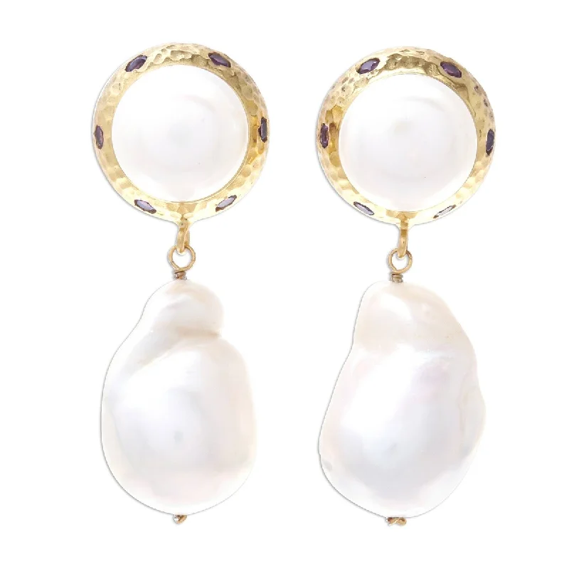 NOVICA Pure Ocean, Gold plated cultured pearl and amethyst dangle earrings - 1.6*0.6