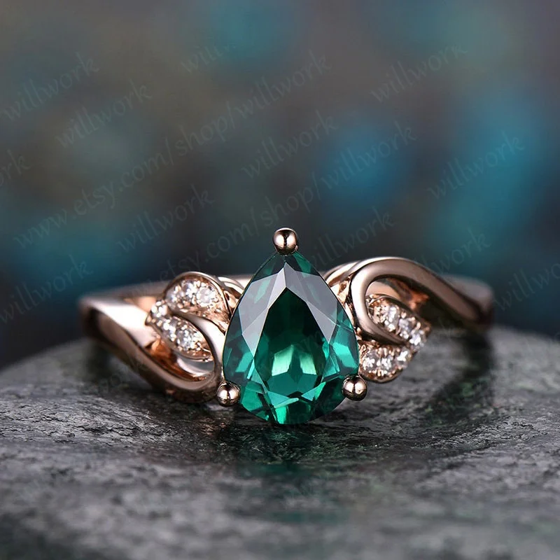 Flower antique emerald ring vintage pear cut emerald engagement ring rose gold real diamond May birthstone wedding women anniversary ring