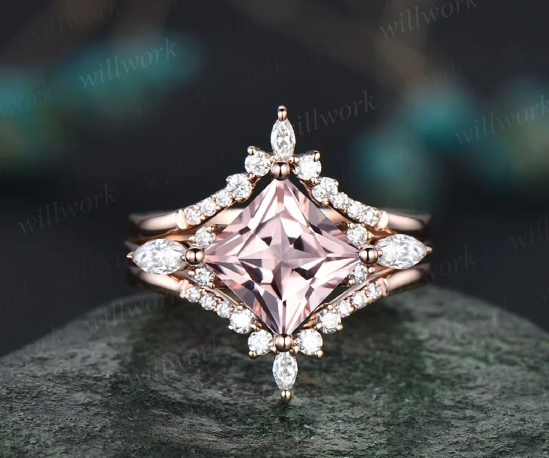 Vintage princess cut morganite engagement ring set rose gold unique engagement ring art deco moissanite promise wedding ring set for women