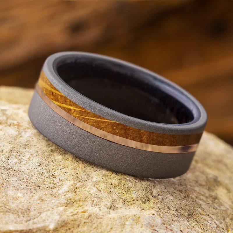 Two Wood Ring with Sandblasted Titanium and Gold