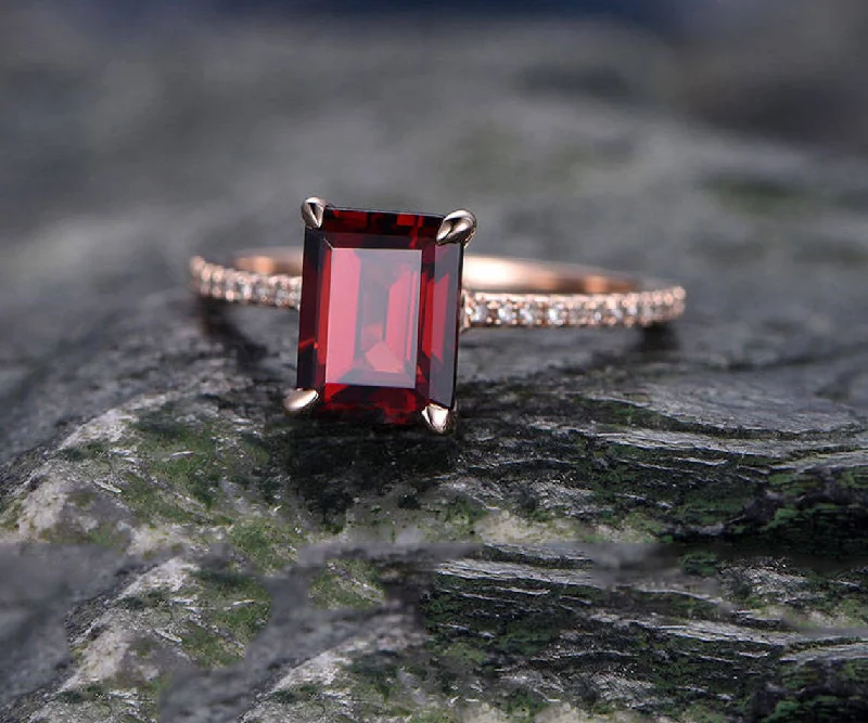 Red Garnet engagement ring-14k Rose gold-handmade real diamond bridal ring-Classic Design-8x6mm Emerald Cut gemstone promise ring-birthstone