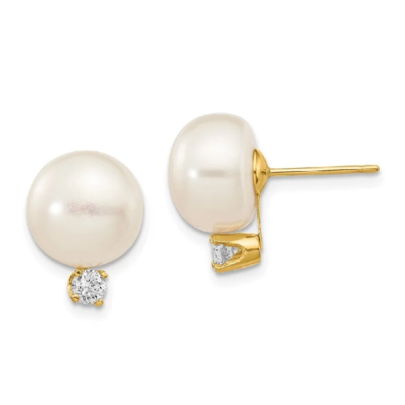 14k Yellow Gold White Button Pearl and Diamond Stud Earrings (L-15 mm, W-10 mm)