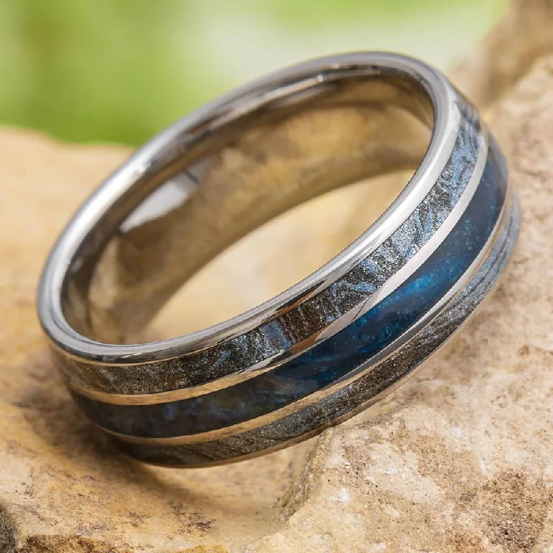 Men's Blue Wedding Band with Mokume Gane