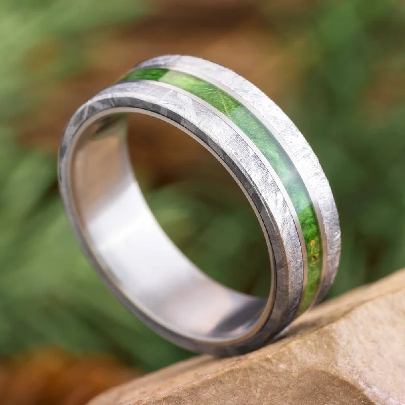 Green Wood Men's Wedding Band With Meteorite Edges Separated By Titanium Pinstripes