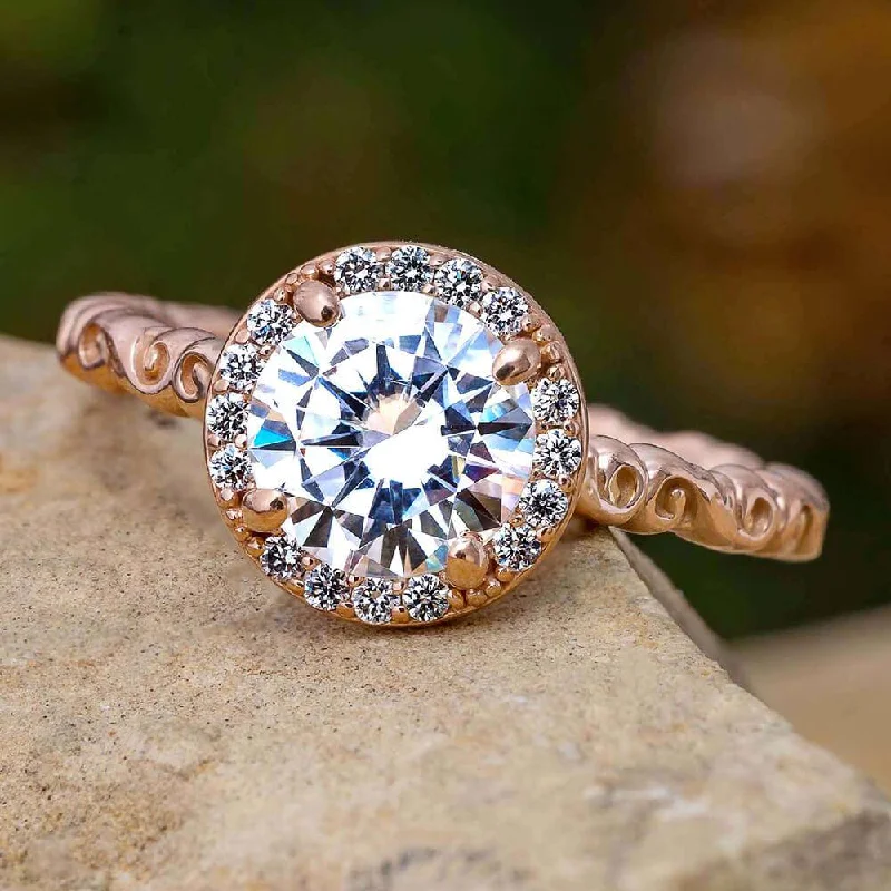 Halo Engagement Ring with Diamonds and Scroll Band