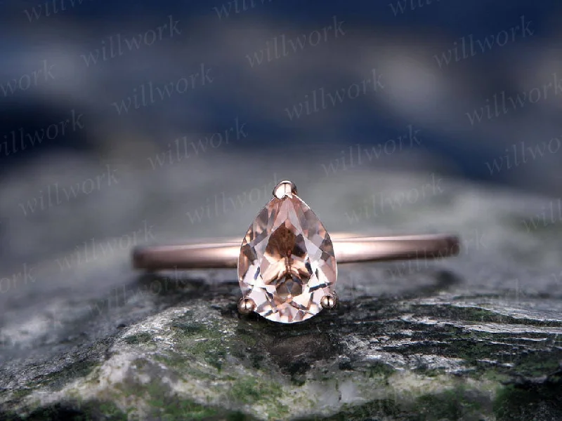 Natural pink morganite engagement ring solitaire pear morganite ring solid 14k rose gold ring women promise bridal wedding ring jewelry gift