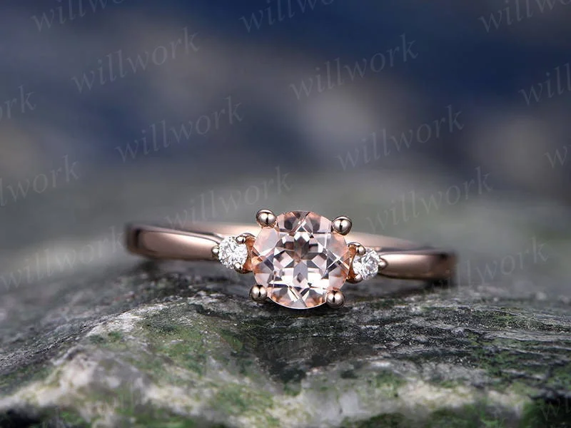 Morganite engagement ring solid 14k rose gold three stone ring real diamond ring unique vintage gift wedding bridal promise anniversary ring