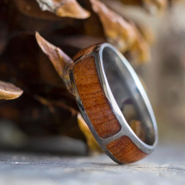 Natural Redwood Ring, Titanium Wedding Band with Partial Wood Inlays