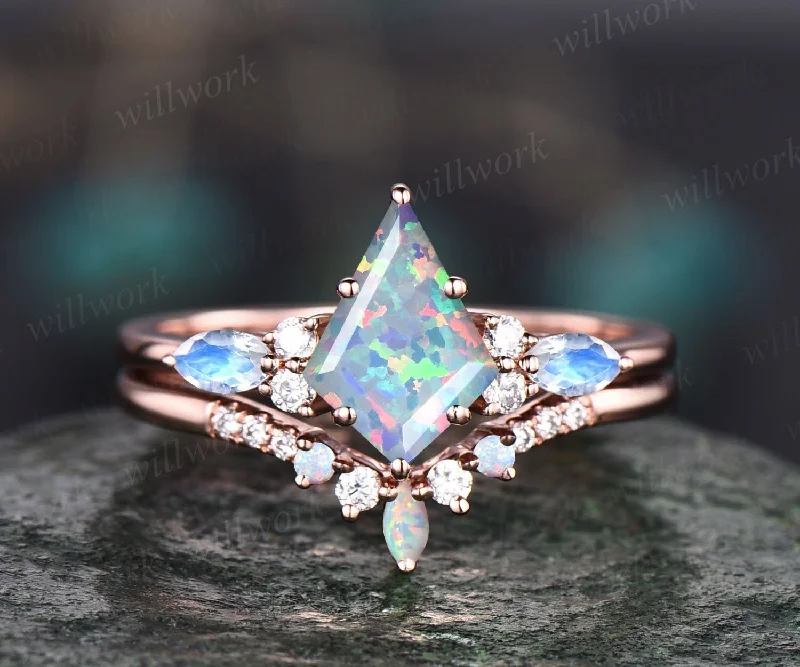 Vintage kite cut white opal engagement ring set 14k rose gold marquise cut opal moonstone ring women moissanite anniversary ring set gift