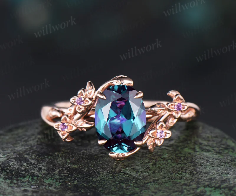 Oval cut alexandrite ring 14k rose gold floral leaf Nature Inspired Engagement Ring five stone wedding ring women