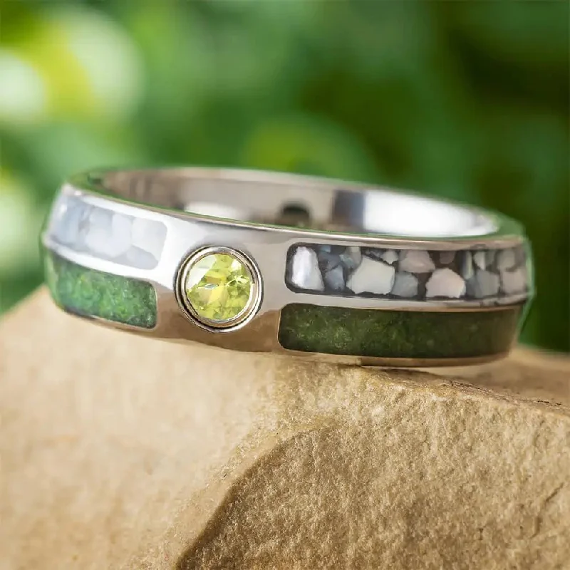 Colorful Birthstone Wedding Band with Peridot and Pearl