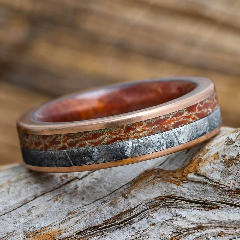 Meteorite & Dinosaur Bone Ring With Brushed Gold Edges