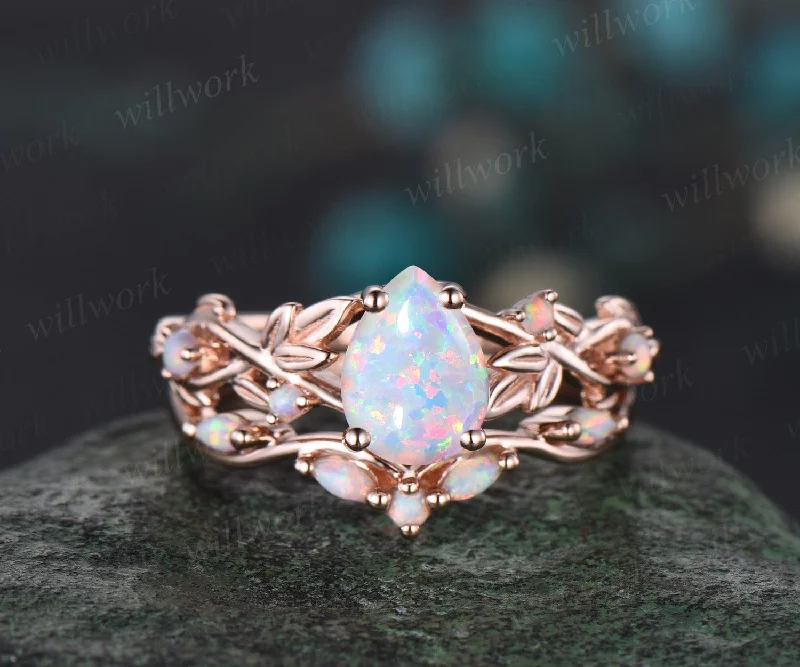 Pear shaped white opal ring vintage five stone rose gold leaf nature inspired engagement ring women twisted wedding bridal ring set gift