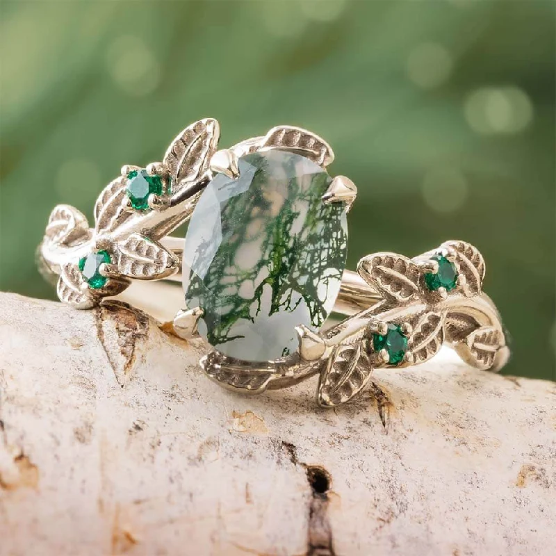 Floral Engagement Ring with Moss Agate