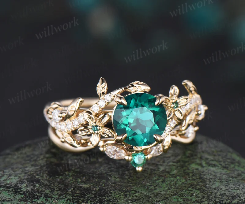 Round cut green emerald engagement ring set vintage floral diamond ring women 14k yellow gold retro branch leaf bridal ring set jewelry