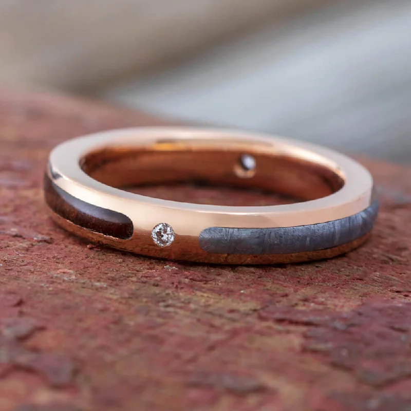 Thin Diamond Wedding Band with Rose Gold and Meteorite