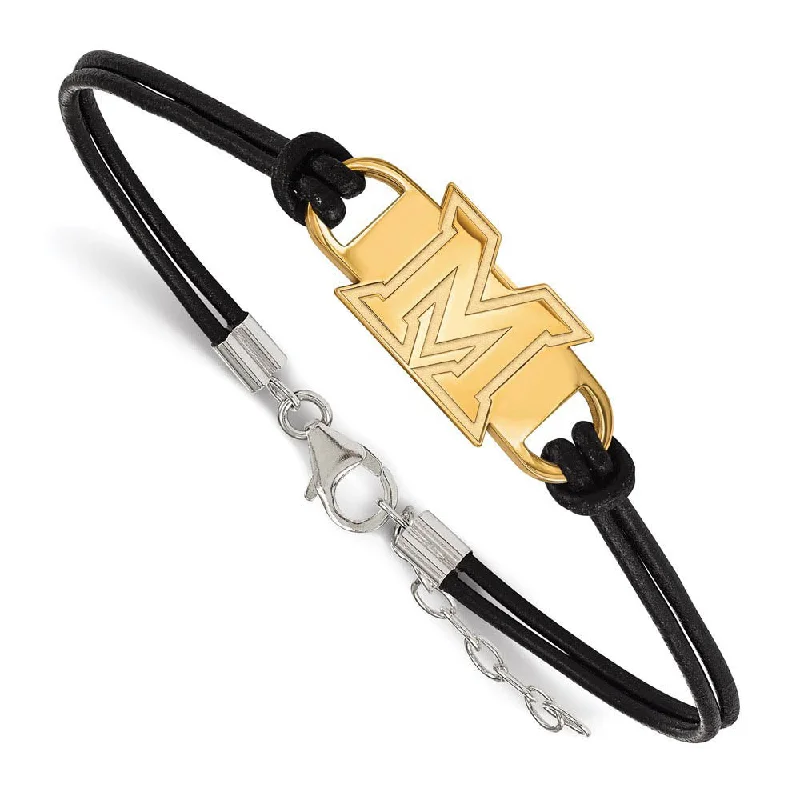 14K Yellow Gold Plated Sterling Silver Miami U. Leather Bracelet, 7 In