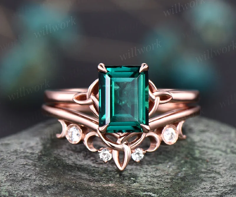 Emerald cut emerald engagement ring set rose gold solitaire unique vintage engagement ring emerald ring for women bridal wedding ring set