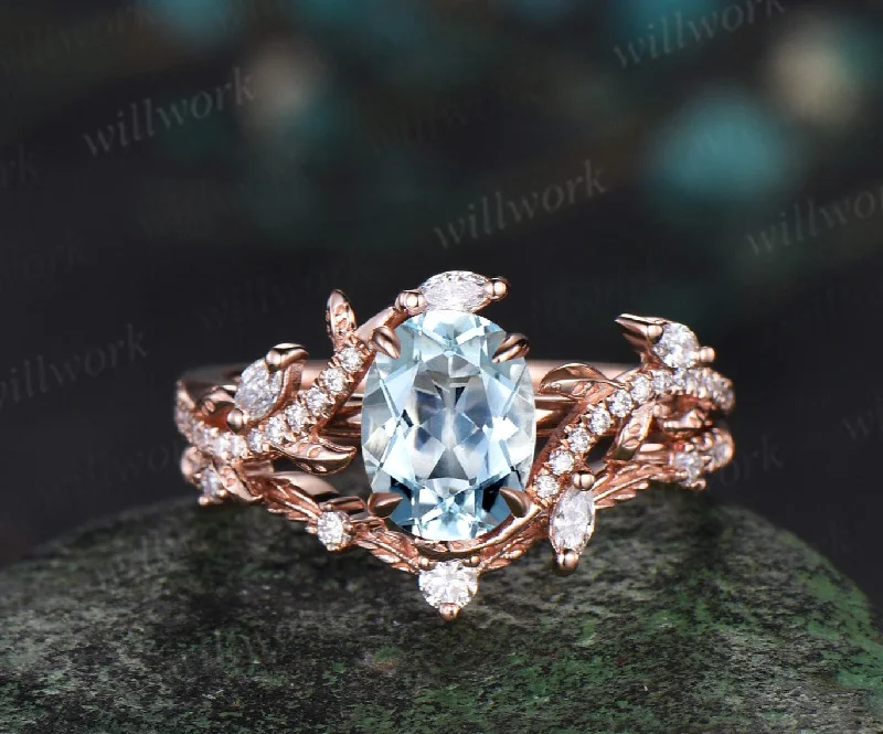 Vintage Oval aquamarine opal engagement ring rose gold art deco leaf nature inspired half eternity diamond anniversary ring women gift