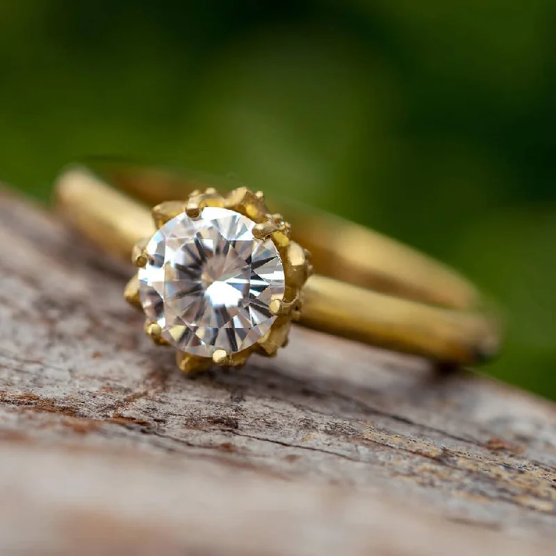 Moissanite Lotus Engagement Ring in Polished Gold Band