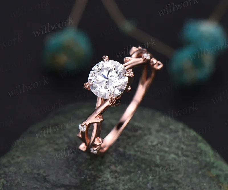 1ct twig round cut moissanite engagement ring 14k rose gold five stone leaf branches diamond ring women unique anniversary ring gift for her