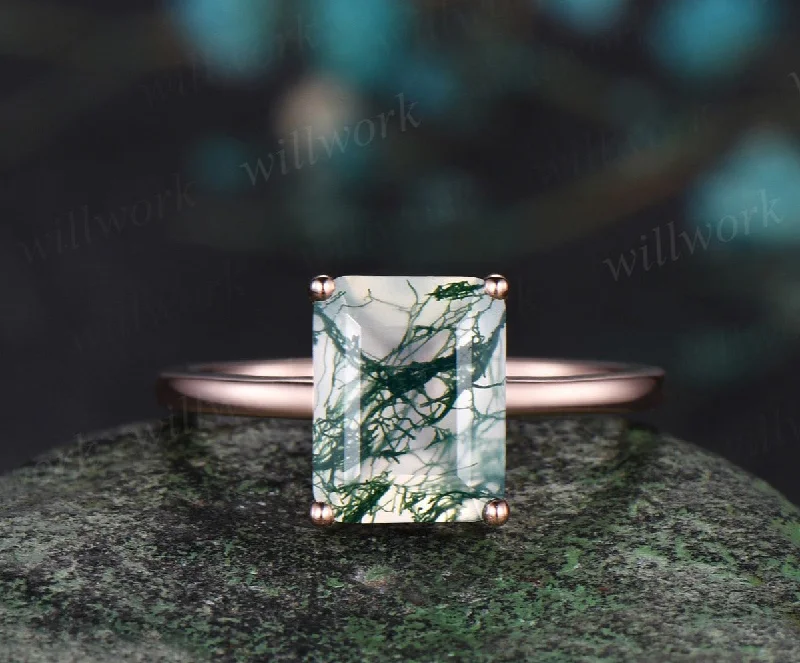 Emerald cut green moss agate engagement ring solid 14k rose gold Solitaire promise anniversary ring women gift