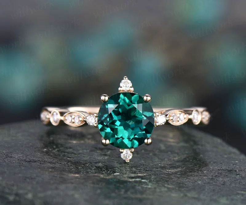 Unique vintage green emerald engagement ring 14k yellow rose gold art deco diamond ring anniversary wedding bridal gift May birthstone ring