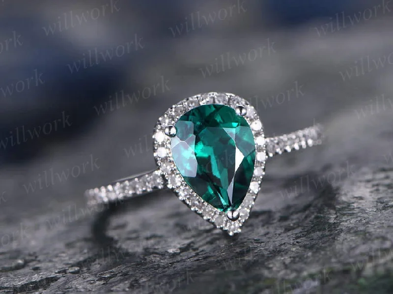 Green emerald engagement ring white gold handmade diamond halo ring tear drop 8x6mm pear cut gemstone promise ring gift for her Lab emerald