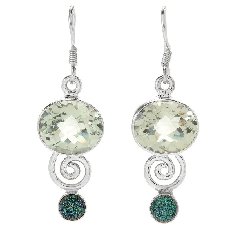 Sterling Silver 1.5" 12 x 10mm Prasiolite & Drusy Drop Earrings