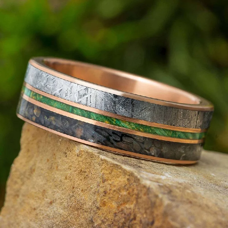 Solid Gold Wedding Band with Dinosaur Bone and Meteorite