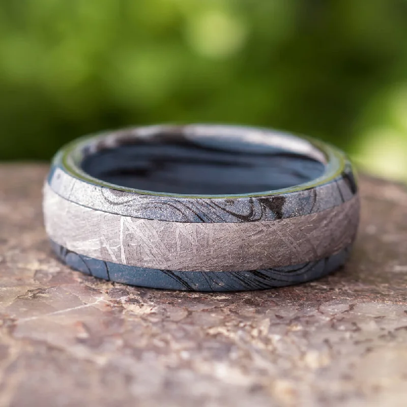 Mens Mokume Ring With Meteorite Band, Cobaltium Mokume