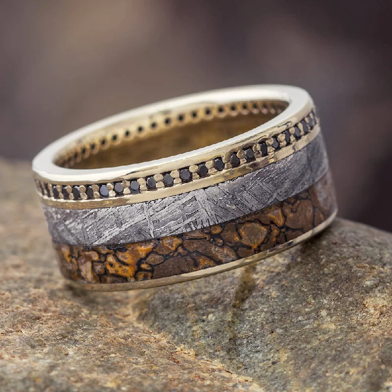 Black Diamond Eternity Wedding Band with Dinosaur Bone & Meteorite