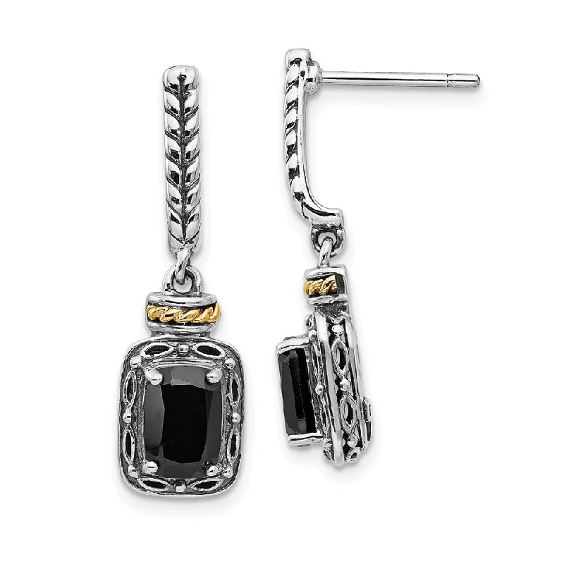 925 Sterling Silver Gold Plated Antiqued Onyx Dangle Earrings (L-27 mm, W-8 mm)