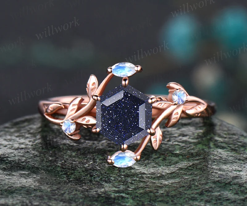 Hexagon Cut Galaxy Blue Sandstone Engagement Ring Unique Leaf Vine Twig Branch Nature Inspired Natural Moonstone Ring 14k Rose Gold Healing Ring